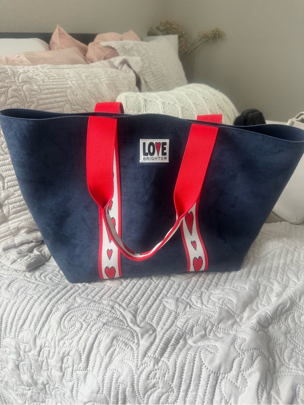 Brighton Navy Tote with Red Heart-Trim Handles
